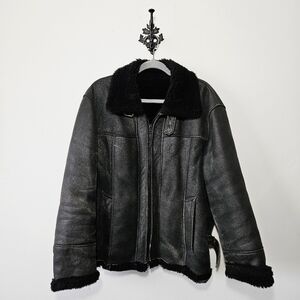 Vintage Shearling Aviator Jacket Mens Size S Black Leather Moto